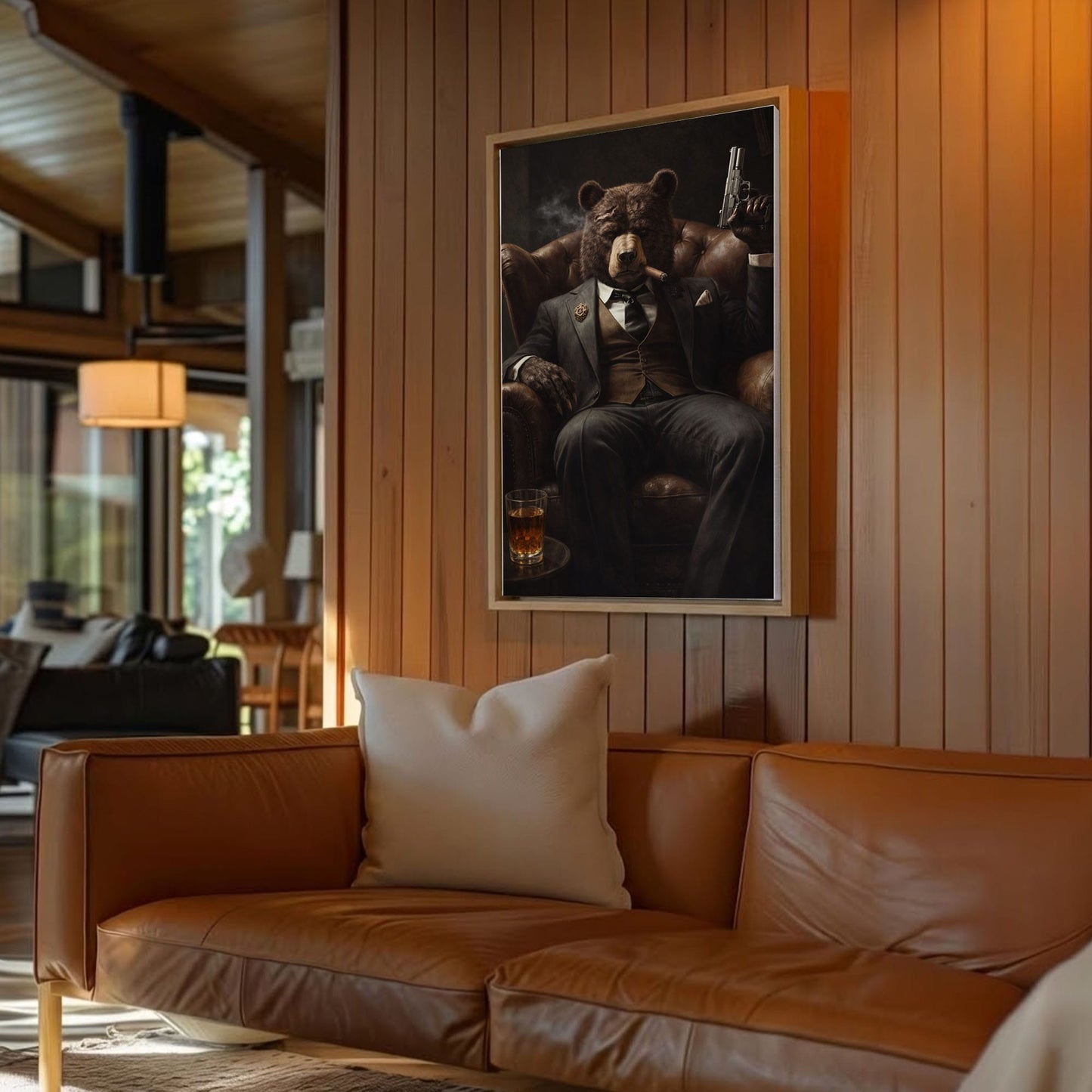 Gangster Bear Canvas Wall Art  Cigar Whiskey Man Cave Decor