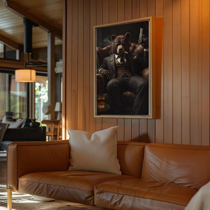Gangster Bear Canvas Wall Art  Cigar Whiskey Man Cave Decor