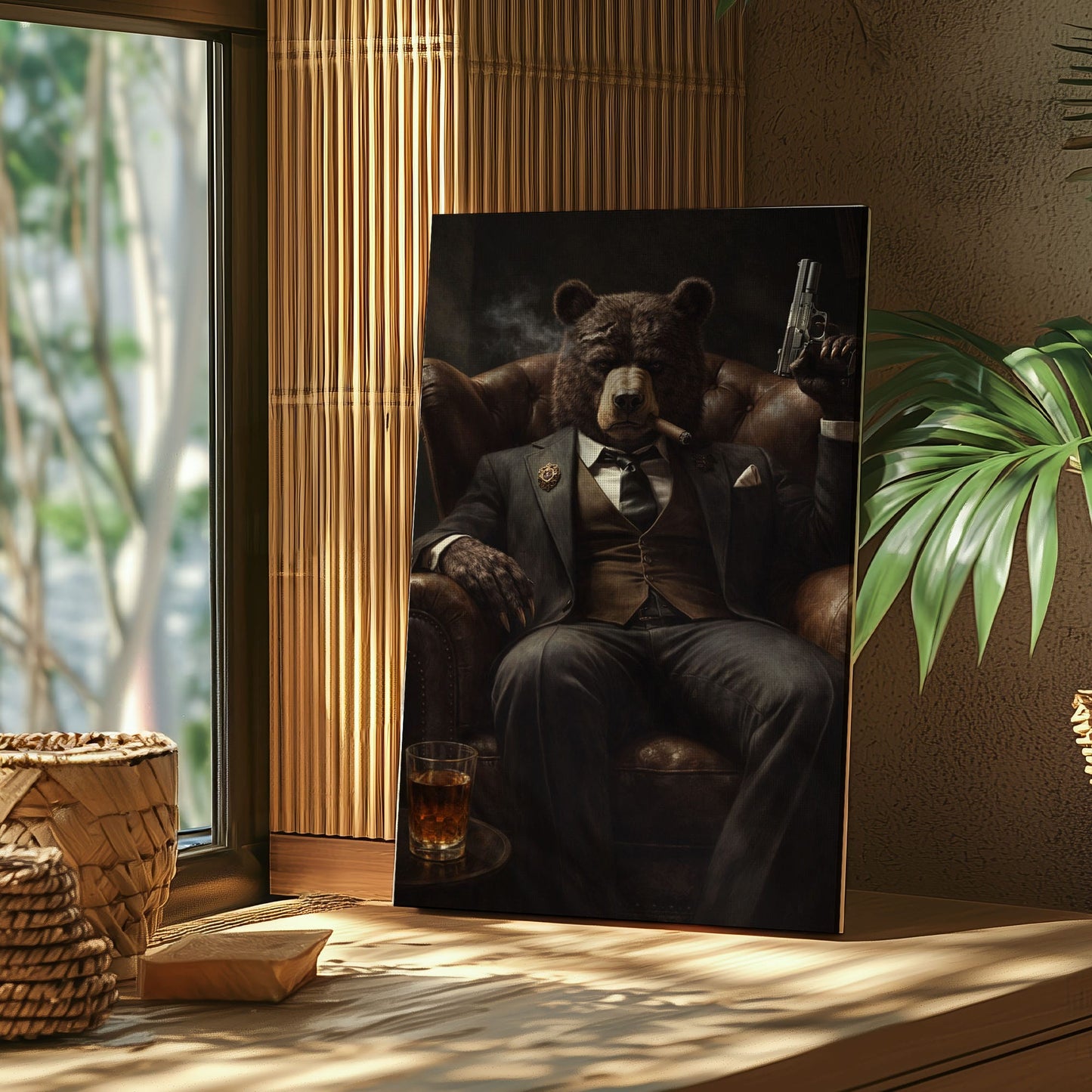 Gangster Bear Canvas Wall Art  Cigar Whiskey Man Cave Decor