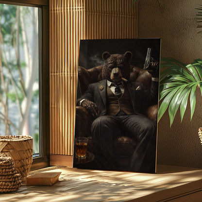 Gangster Bear Canvas Wall Art  Cigar Whiskey Man Cave Decor