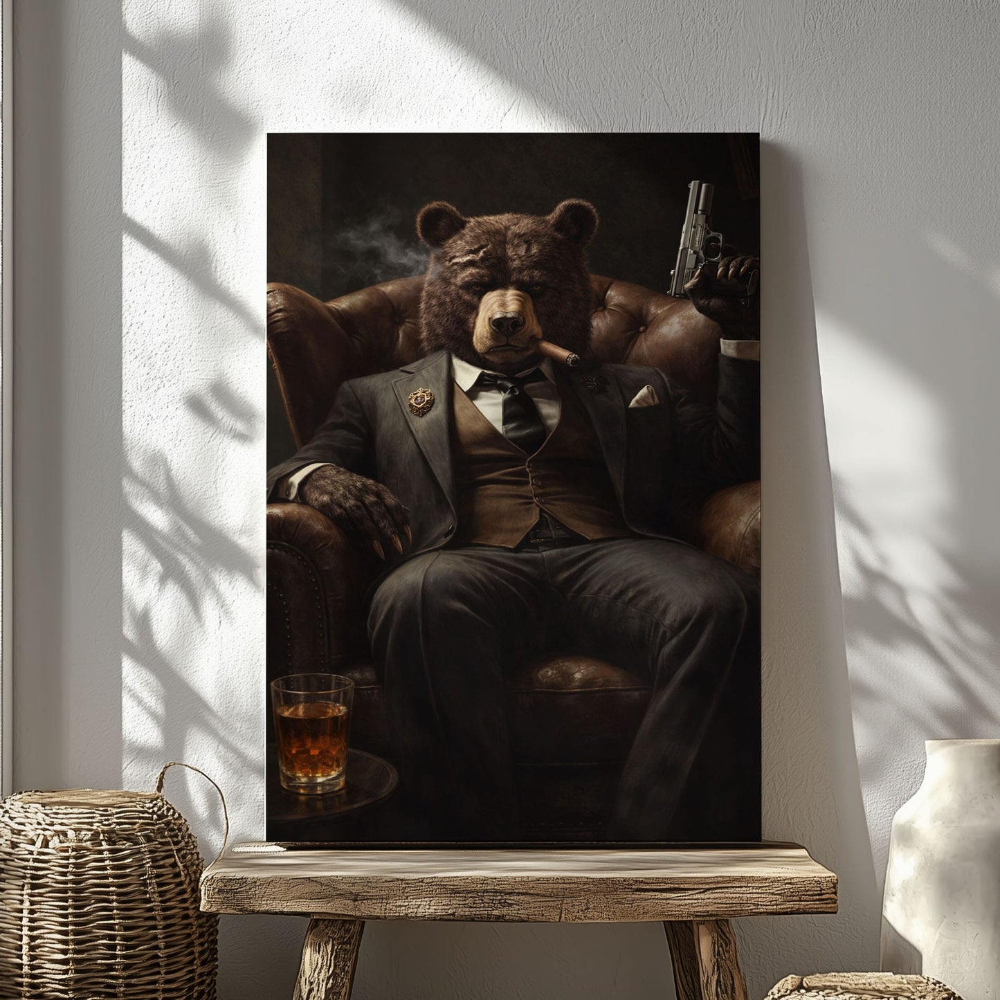 Gangster Bear Canvas Wall Art  Cigar Whiskey Man Cave Decor