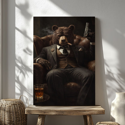 Gangster Bear Canvas Wall Art  Cigar Whiskey Man Cave Decor
