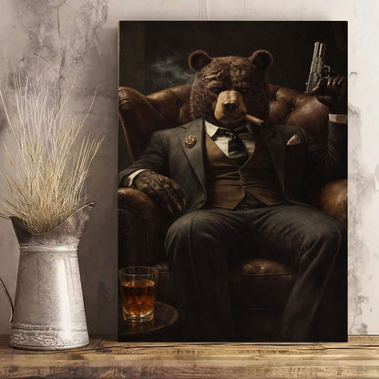 Gangster Bear Canvas Wall Art  Cigar Whiskey Man Cave Decor