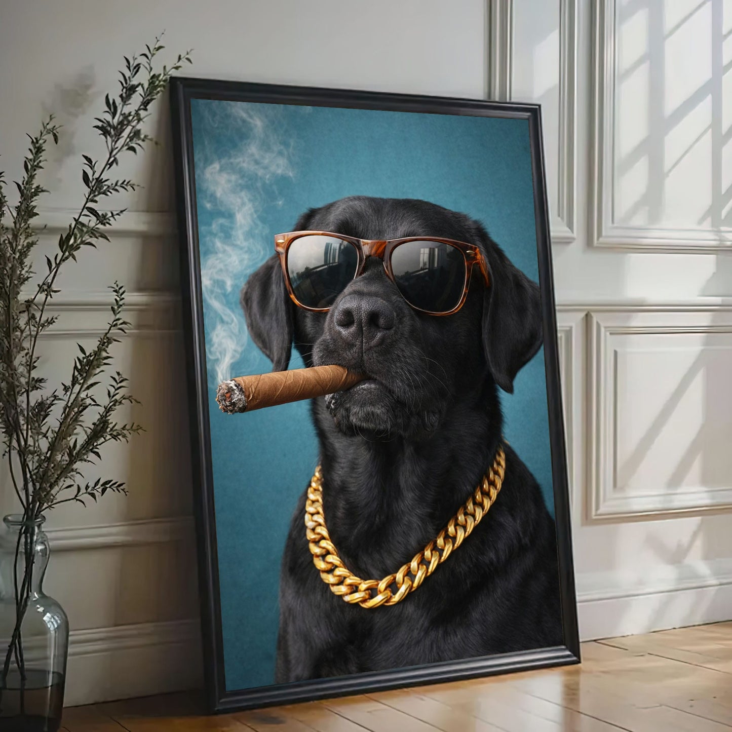 Luxury Dog Portrait Canvas Black Lab Gold Chain Wall Decor