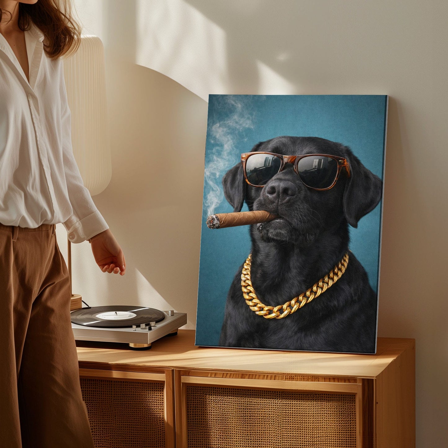 Luxury Dog Portrait Canvas Black Lab Gold Chain Wall Decor