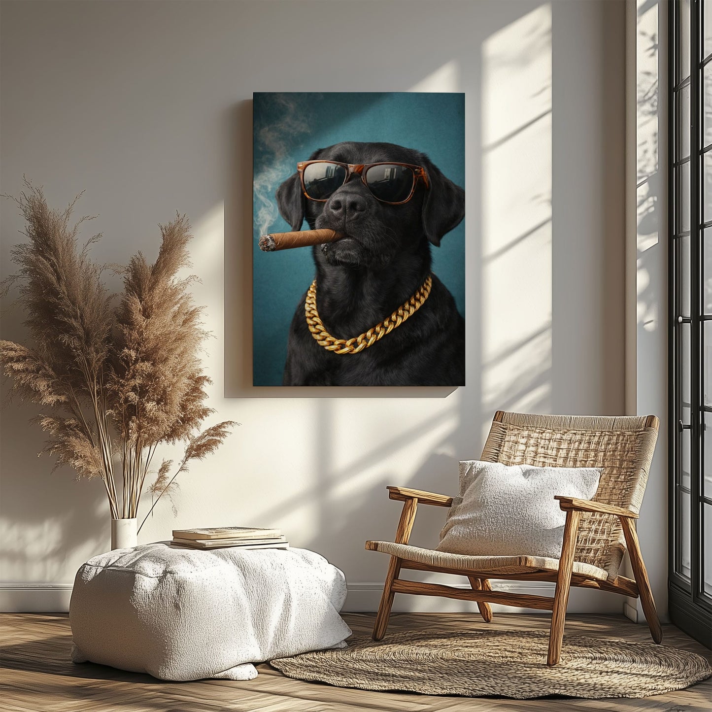 Luxury Dog Portrait Canvas Black Lab Gold Chain Wall Decor
