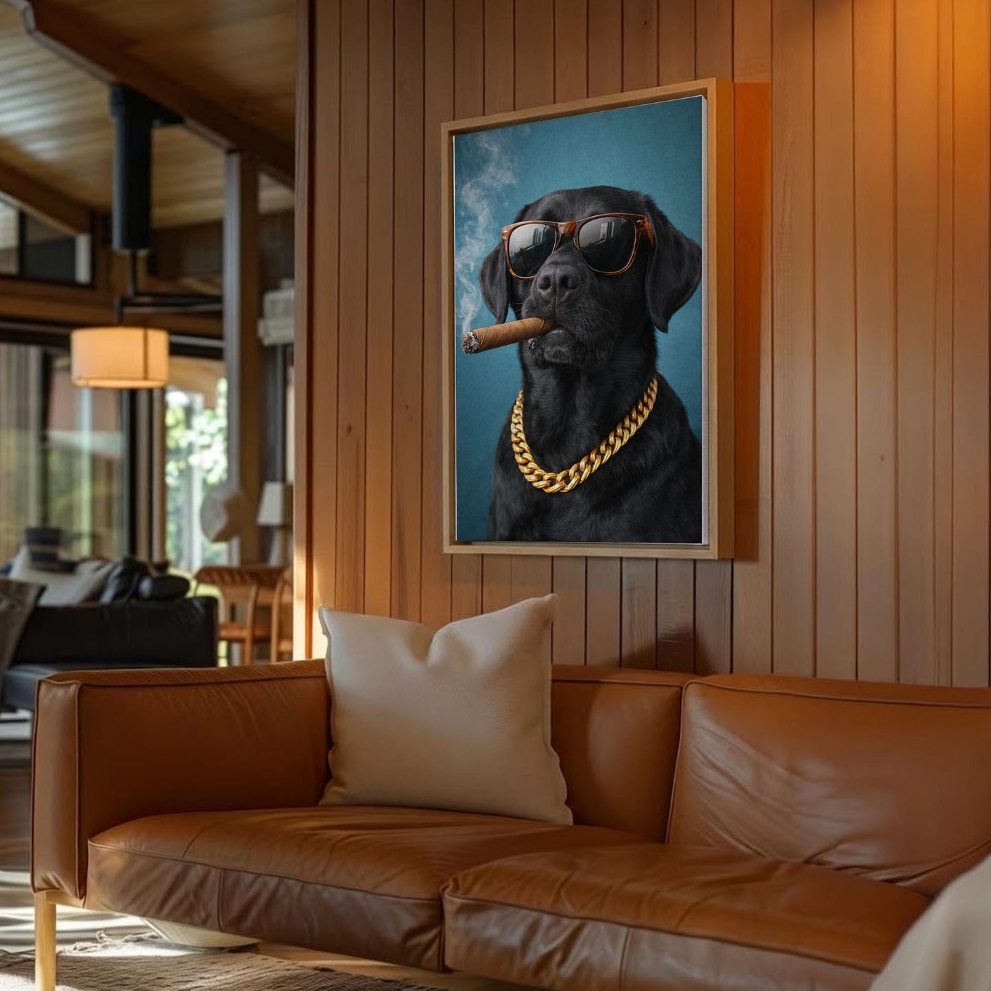 Luxury Dog Portrait Canvas Black Lab Gold Chain Wall Decor