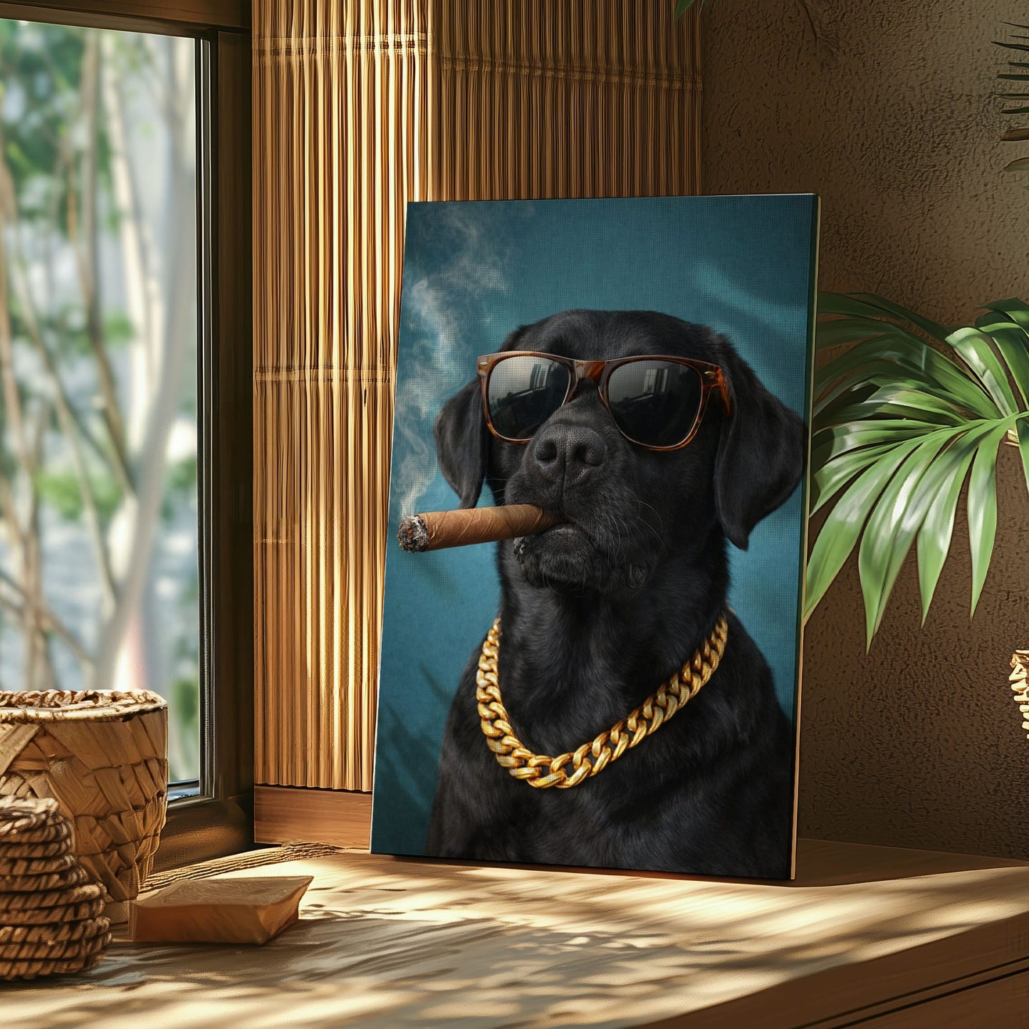 Luxury Dog Portrait Canvas Black Lab Gold Chain Wall Decor