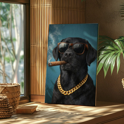 Luxury Dog Portrait Canvas Black Lab Gold Chain Wall Decor