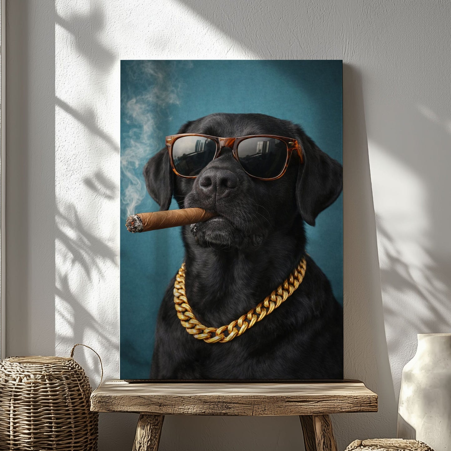 Luxury Dog Portrait Canvas Black Lab Gold Chain Wall Decor