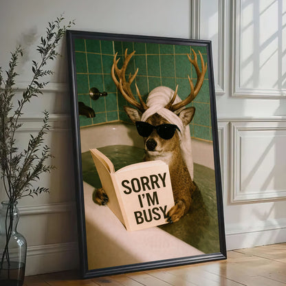 Funny Deer Bathroom Canvas Wall Art Sorry I’m Busy Bathtub Print