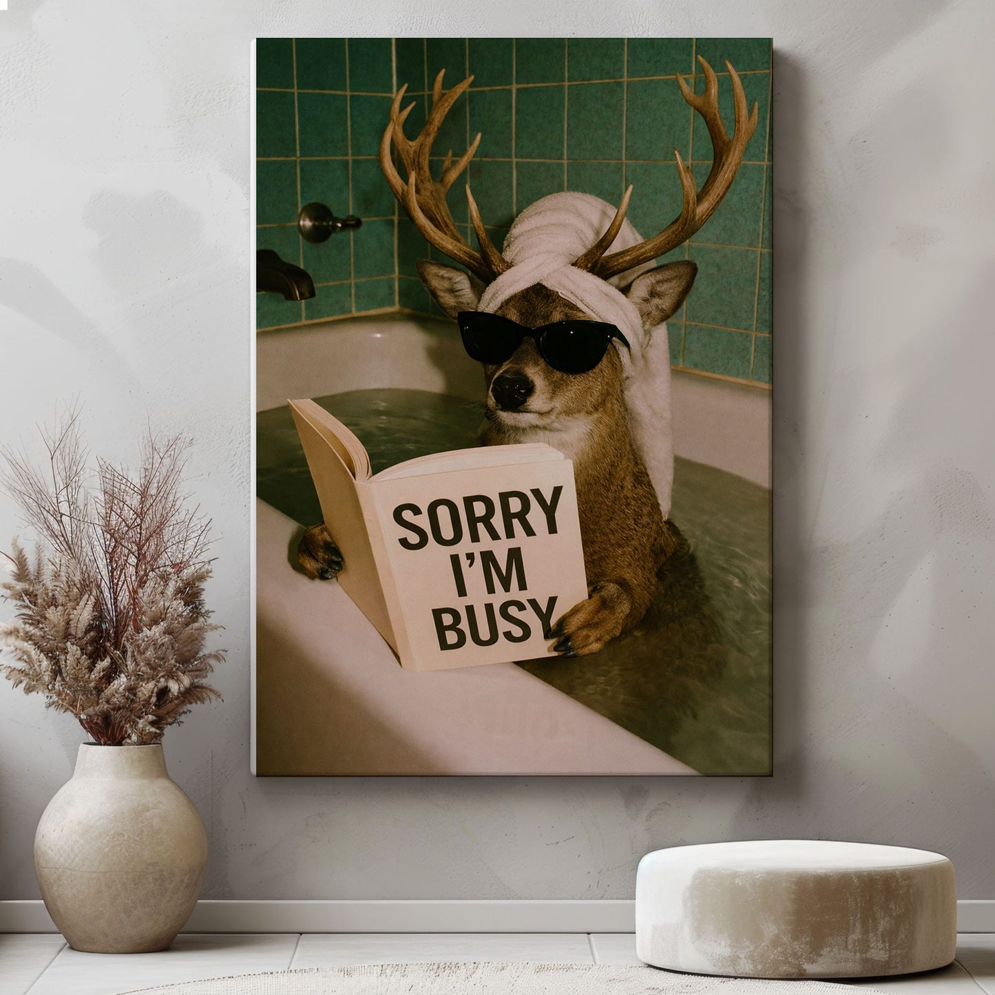 Funny Deer Bathroom Canvas Wall Art Sorry I’m Busy Bathtub Print