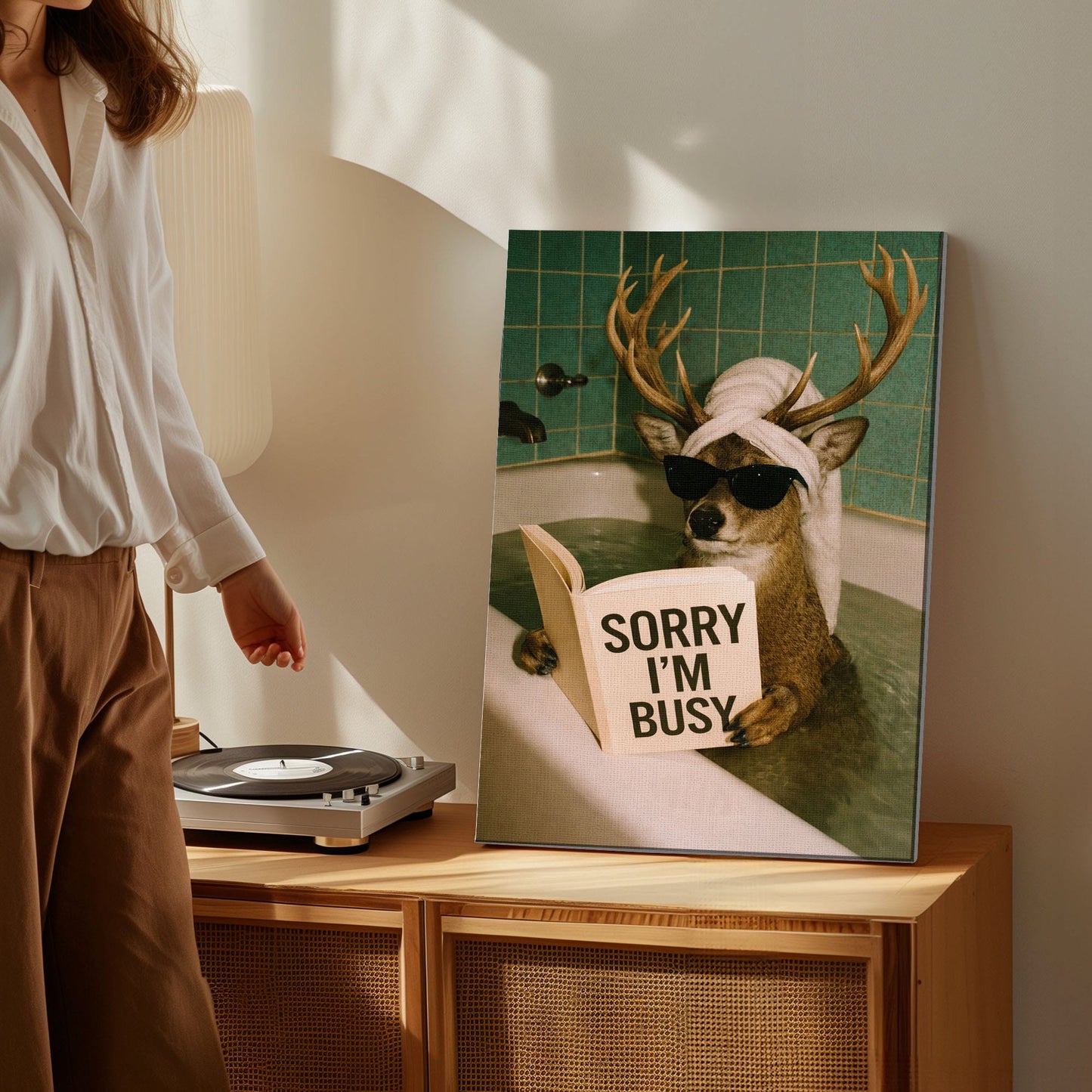 Funny Deer Bathroom Canvas Wall Art Sorry I’m Busy Bathtub Print
