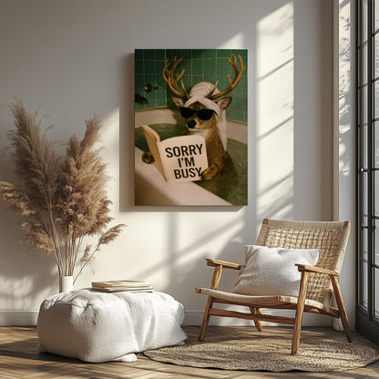 Funny Deer Bathroom Canvas Wall Art Sorry I’m Busy Bathtub Print