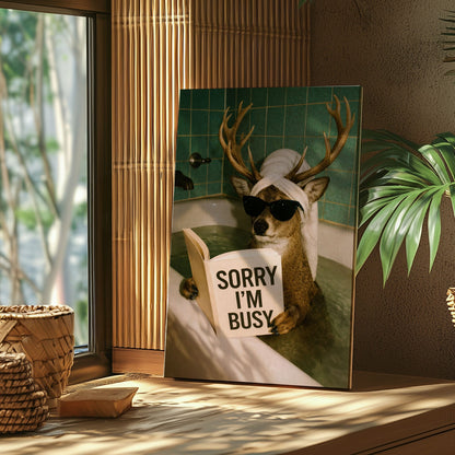Funny Deer Bathroom Canvas Wall Art Sorry I’m Busy Bathtub Print
