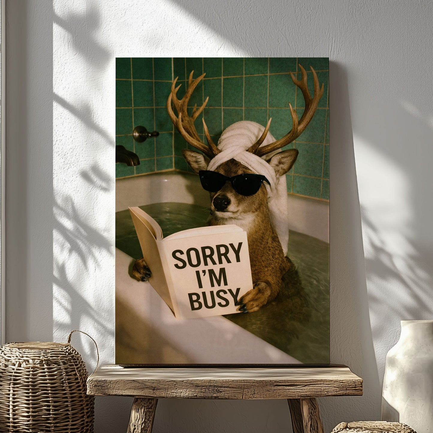 Funny Deer Bathroom Canvas Wall Art Sorry I’m Busy Bathtub Print