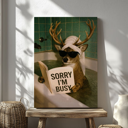 Funny Deer Bathroom Canvas Wall Art Sorry I’m Busy Bathtub Print