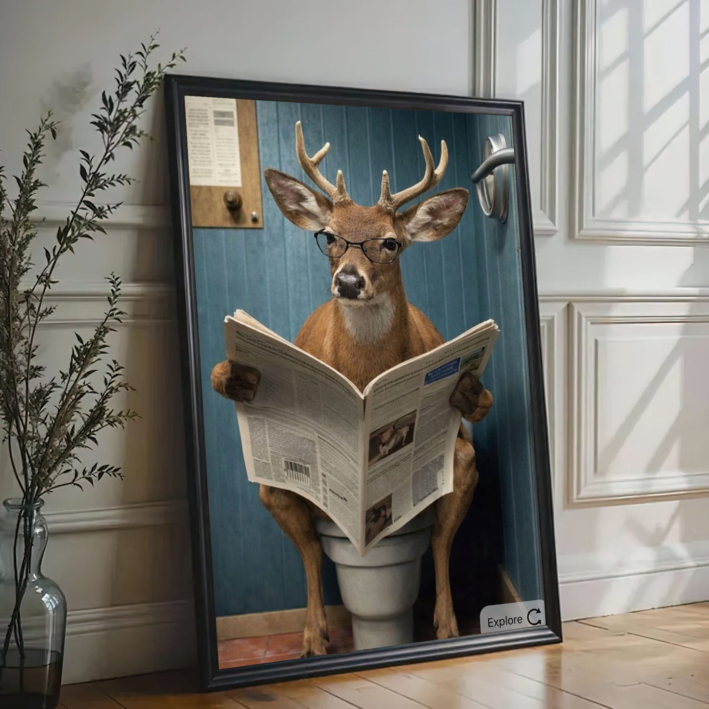 Deer Reading Newspaper on Toilet Buck Reading Newspaper Bathroom Decor