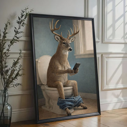 Deer Checking Phone Bathroom Humor Animal Art
