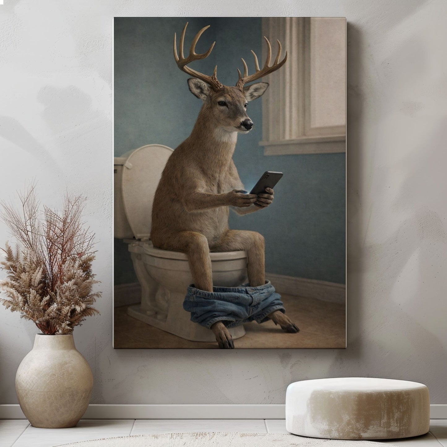 Deer Checking Phone Bathroom Humor Animal Art