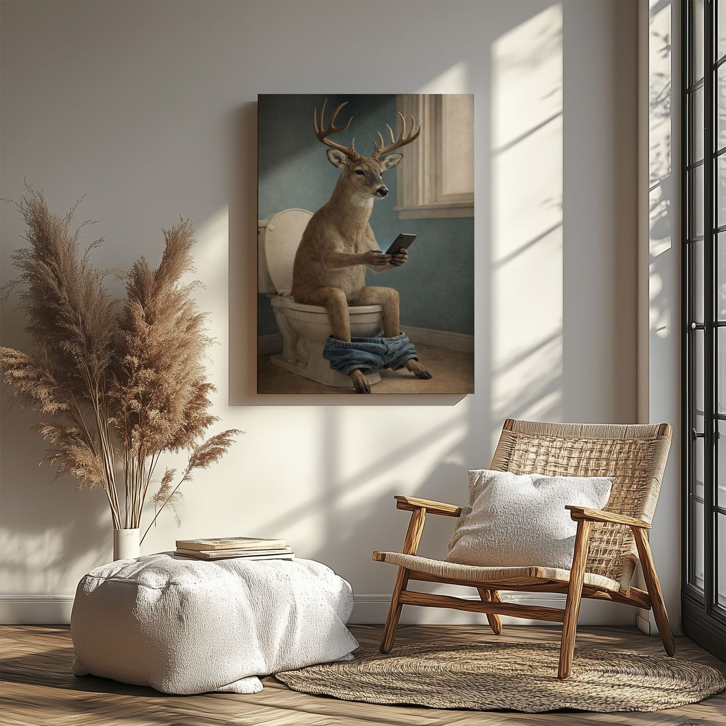 Deer Checking Phone Bathroom Humor Animal Art