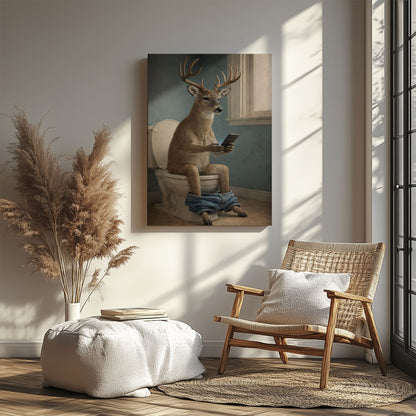 Deer Checking Phone Bathroom Humor Animal Art