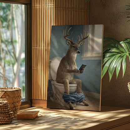 Deer Checking Phone Bathroom Humor Animal Art