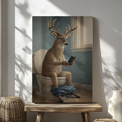 Deer Checking Phone Bathroom Humor Animal Art