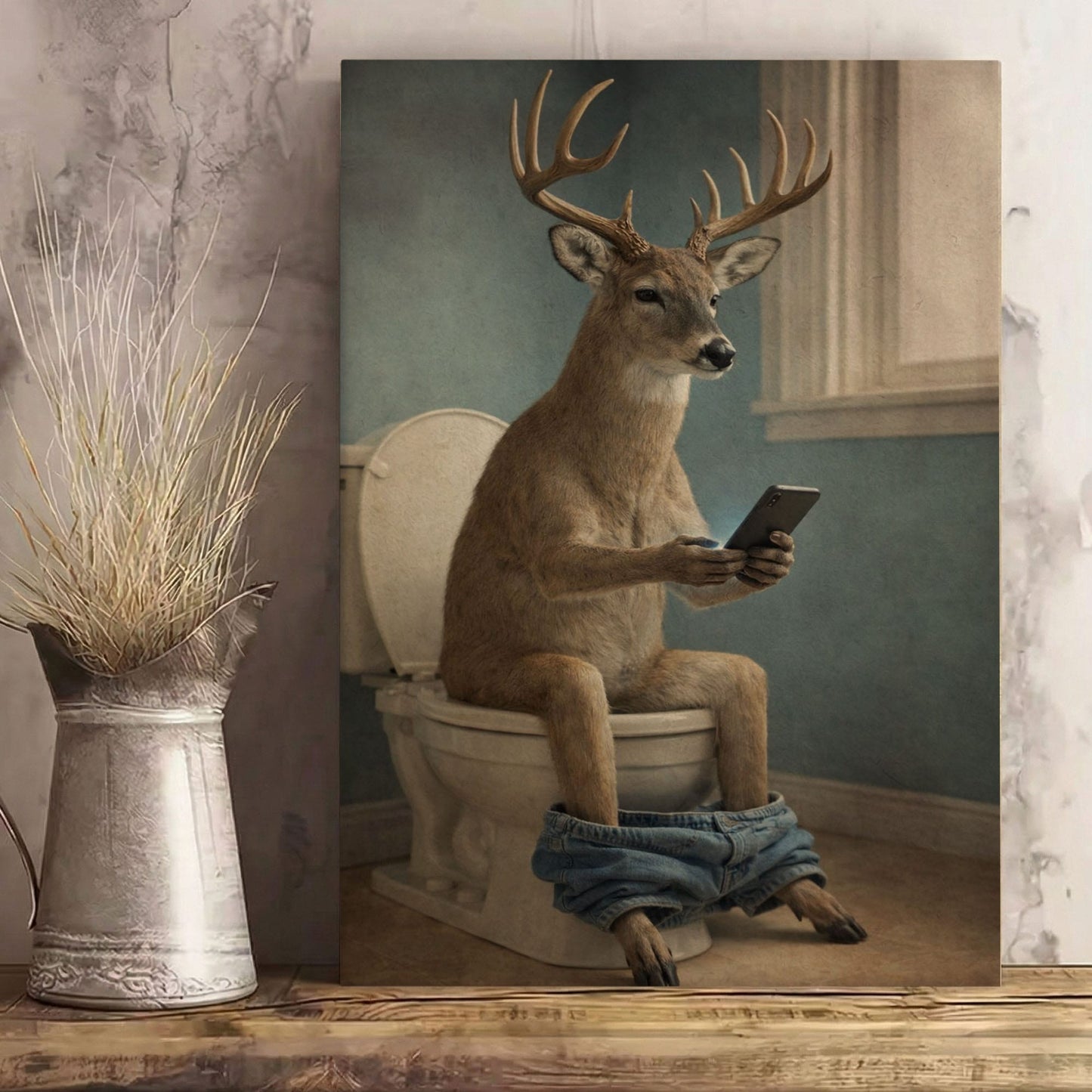 Deer Checking Phone Bathroom Humor Animal Art