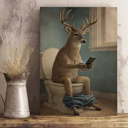 Deer Checking Phone Bathroom Humor Animal Art