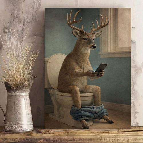 Deer Checking Phone Bathroom Humor Animal Art