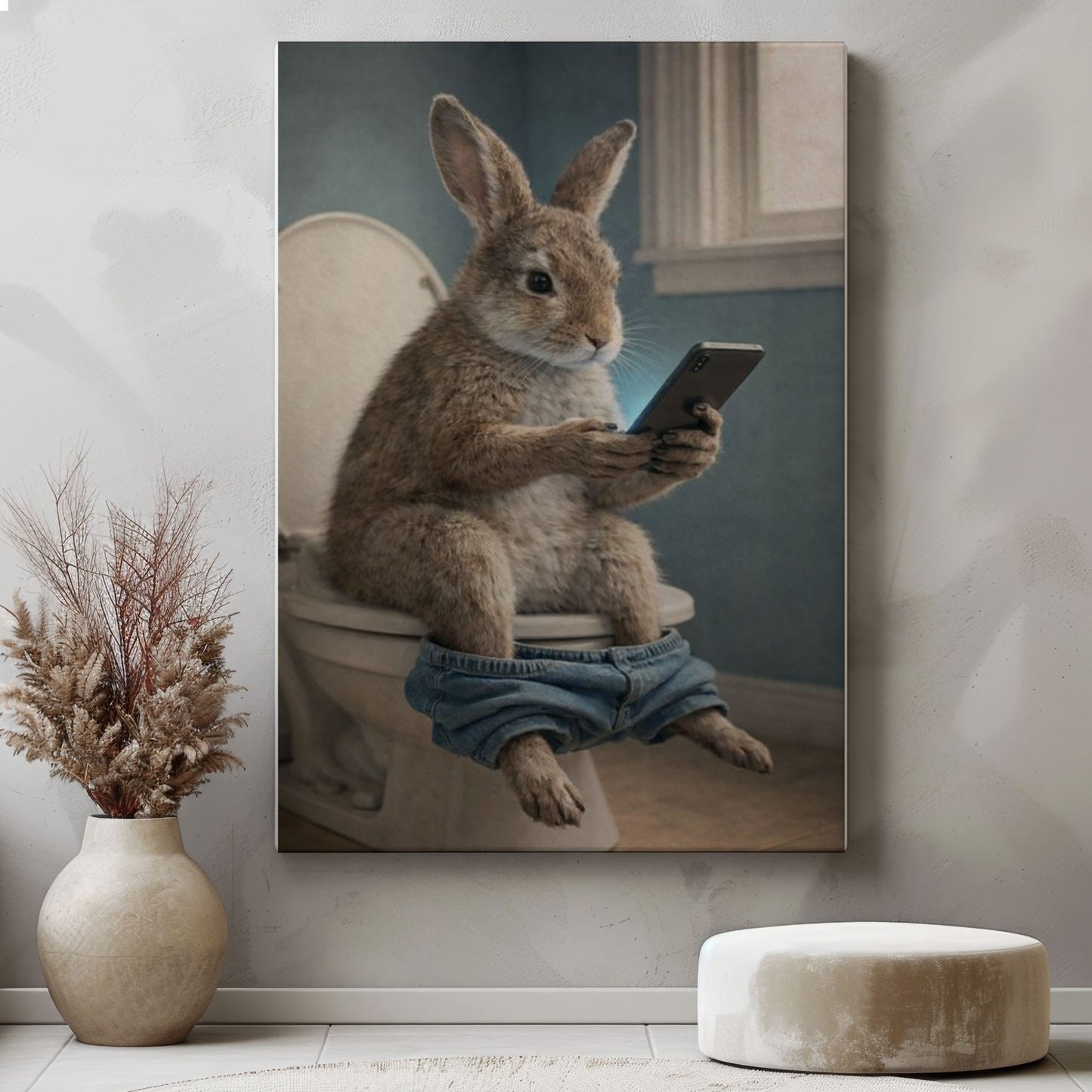 Rabbit Checking Phone Bathroom Humor Animal Art