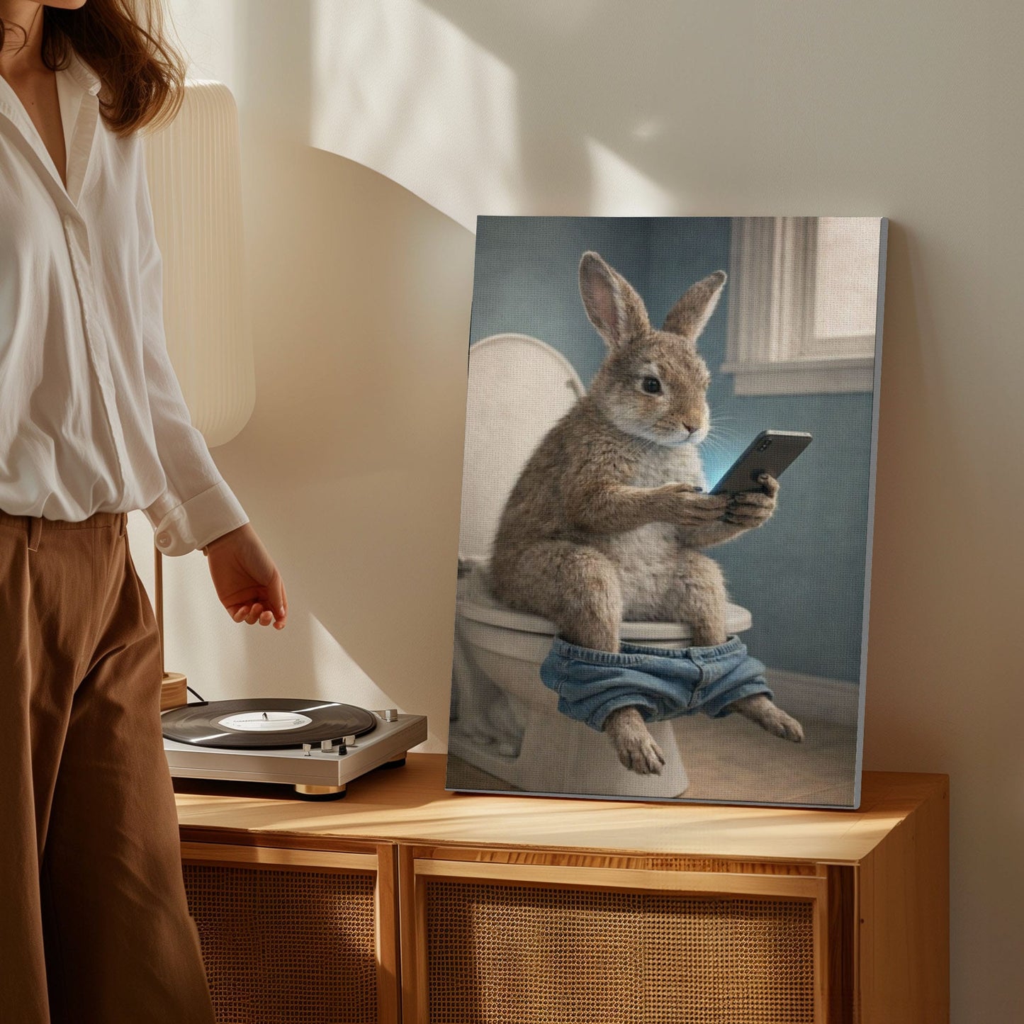 Rabbit Checking Phone Bathroom Humor Animal Art