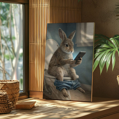 Rabbit Checking Phone Bathroom Humor Animal Art