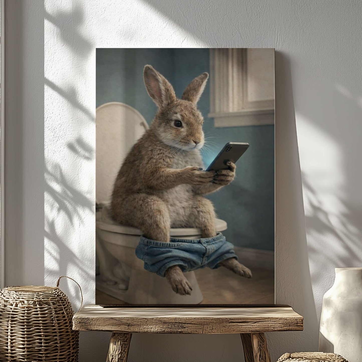 Rabbit Checking Phone Bathroom Humor Animal Art