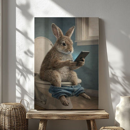 Rabbit Checking Phone Bathroom Humor Animal Art
