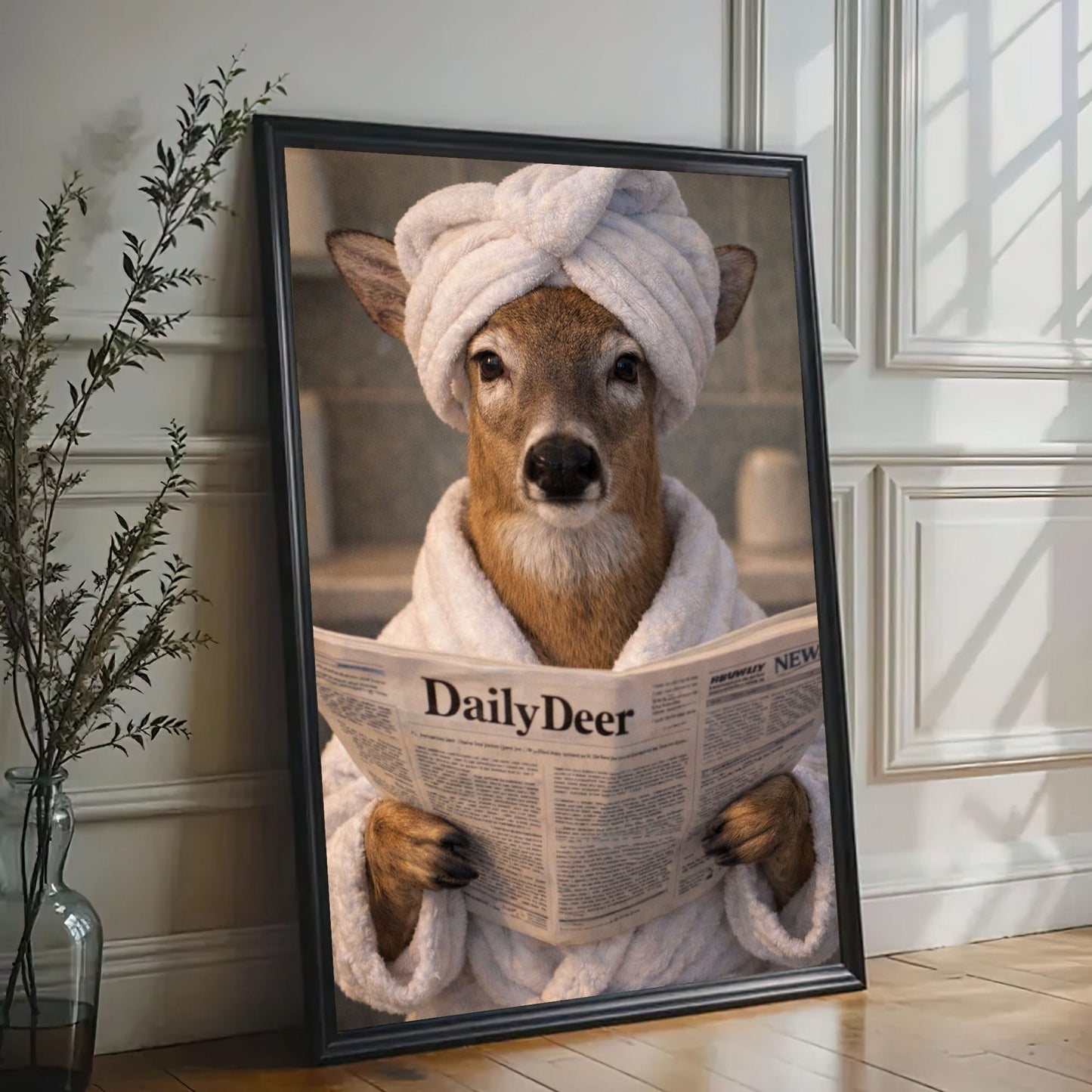 Cabin Bathroom Decor Canvas Deer in Bathrobe with Towel Turban Wall Art