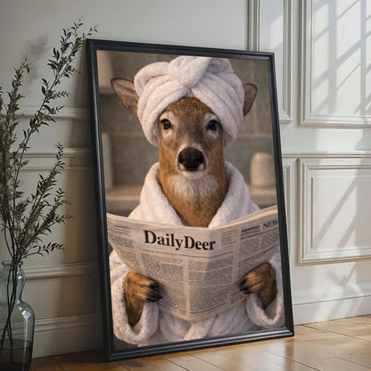Cabin Bathroom Decor Canvas Deer in Bathrobe with Towel Turban Wall Art