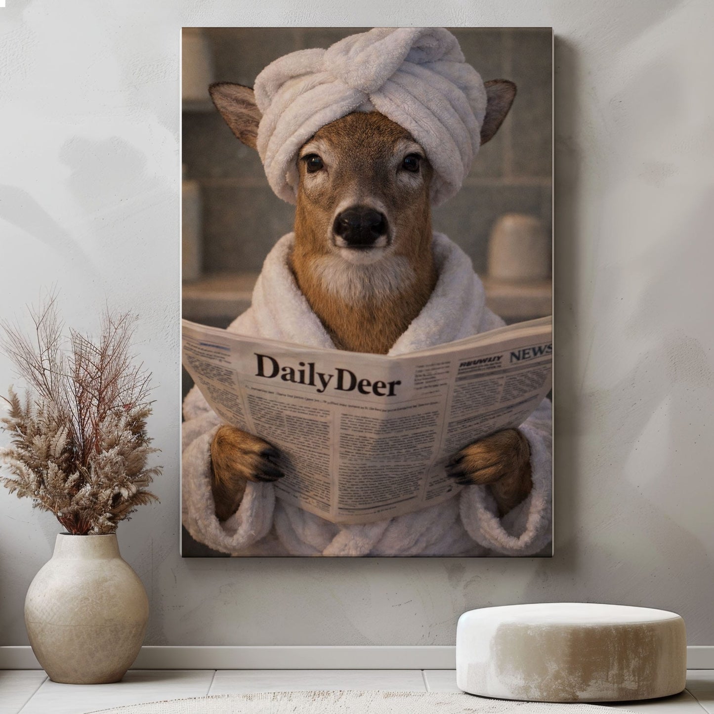 Cabin Bathroom Decor Canvas Deer in Bathrobe with Towel Turban Wall Art