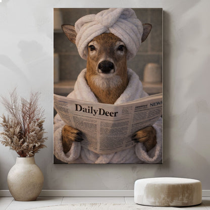 Cabin Bathroom Decor Canvas Deer in Bathrobe with Towel Turban Wall Art