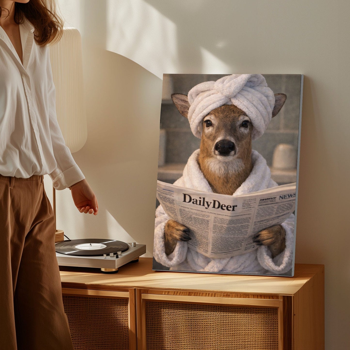 Cabin Bathroom Decor Canvas Deer in Bathrobe with Towel Turban Wall Art
