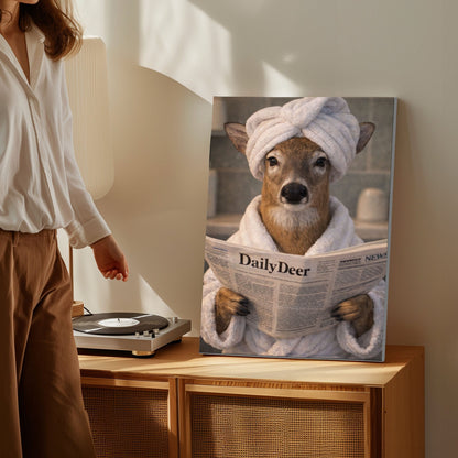 Cabin Bathroom Decor Canvas Deer in Bathrobe with Towel Turban Wall Art