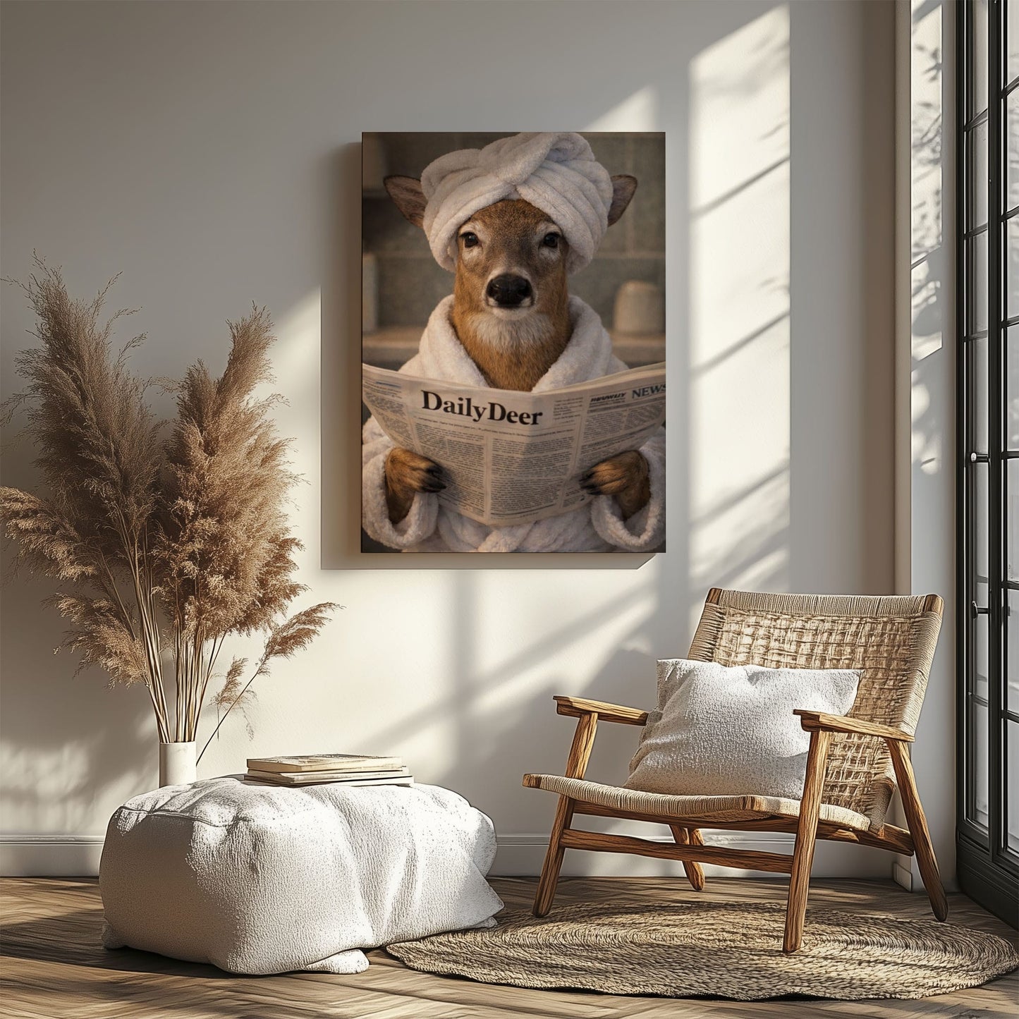 Cabin Bathroom Decor Canvas Deer in Bathrobe with Towel Turban Wall Art