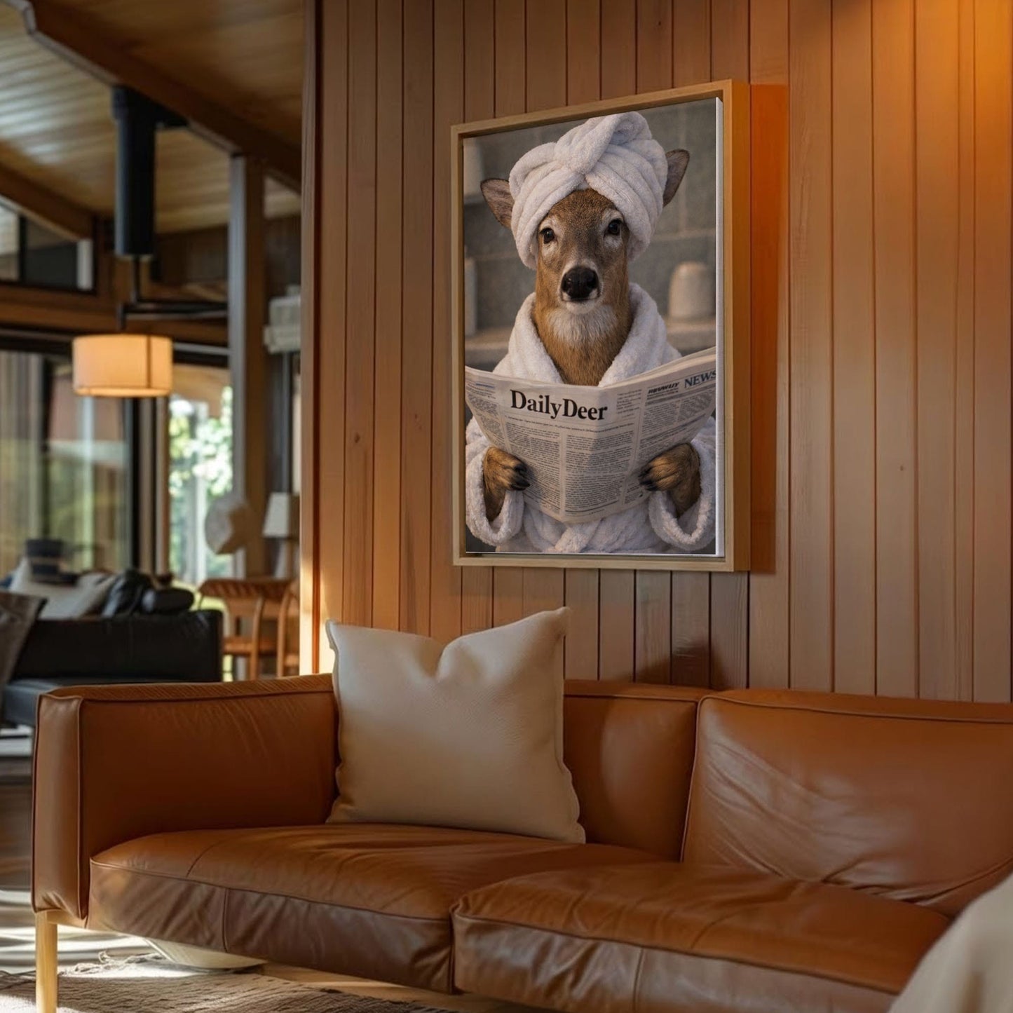 Cabin Bathroom Decor Canvas Deer in Bathrobe with Towel Turban Wall Art