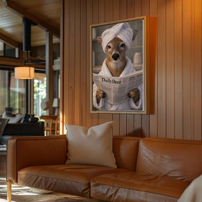Cabin Bathroom Decor Canvas Deer in Bathrobe with Towel Turban Wall Art