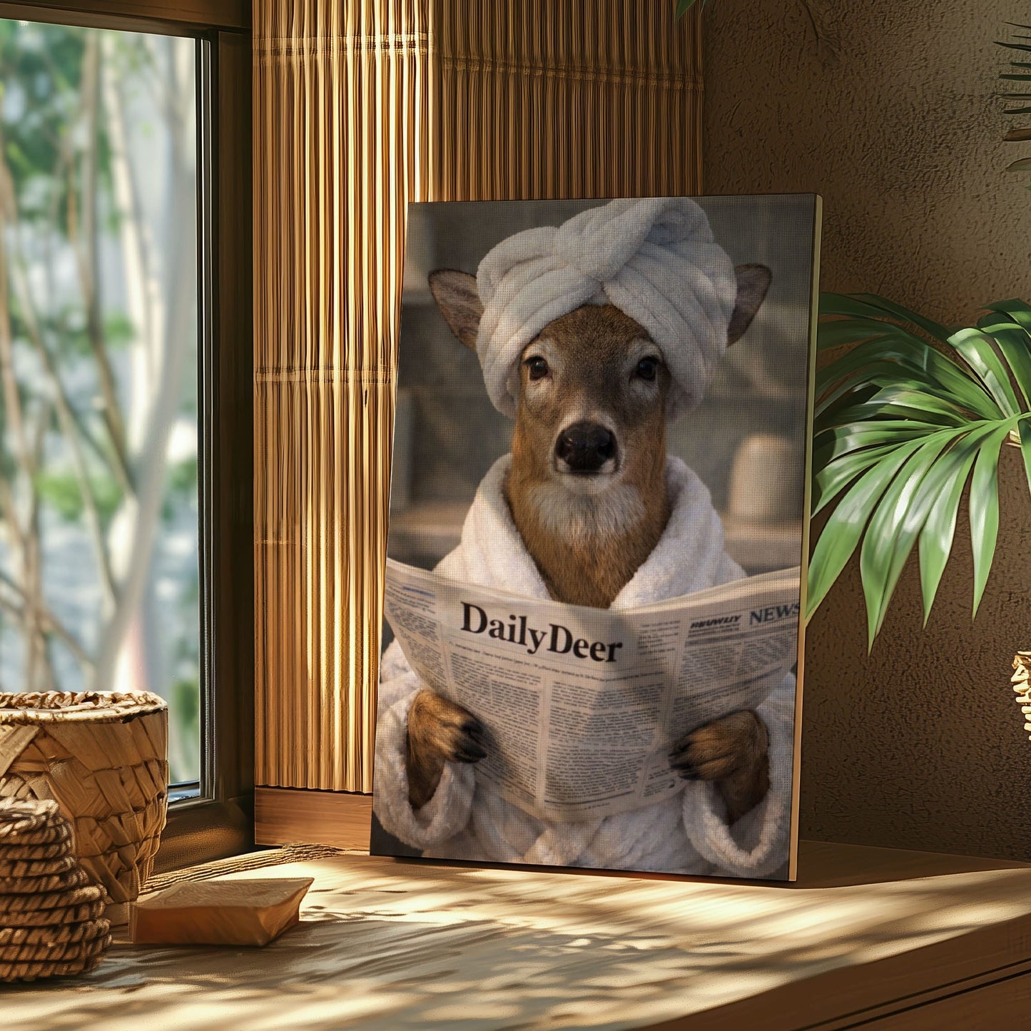 Cabin Bathroom Decor Canvas Deer in Bathrobe with Towel Turban Wall Art