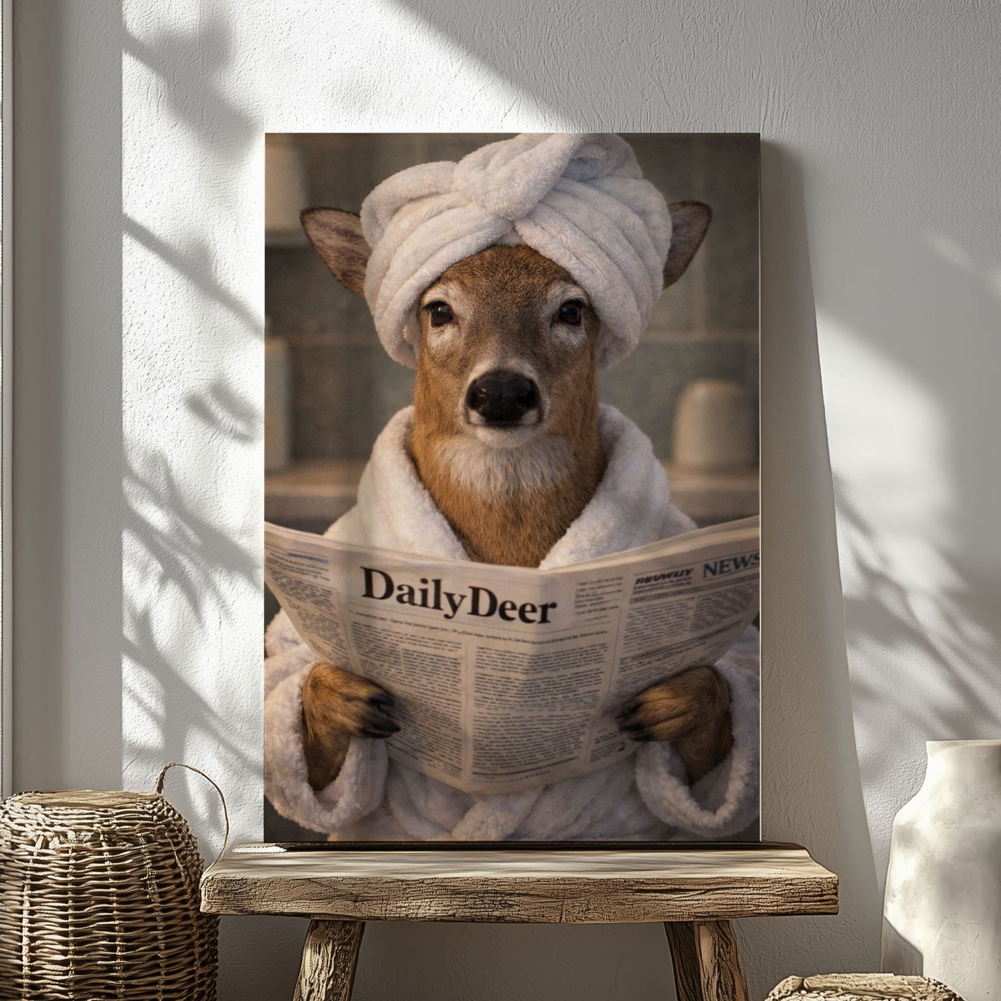 Cabin Bathroom Decor Canvas Deer in Bathrobe with Towel Turban Wall Art