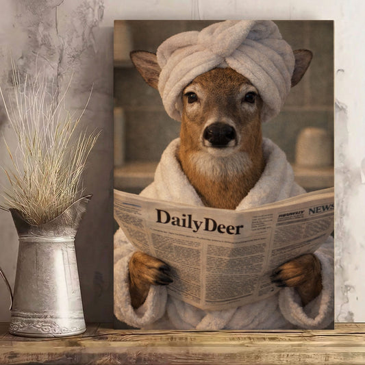 Cabin Bathroom Decor Canvas Deer in Bathrobe with Towel Turban Wall Art