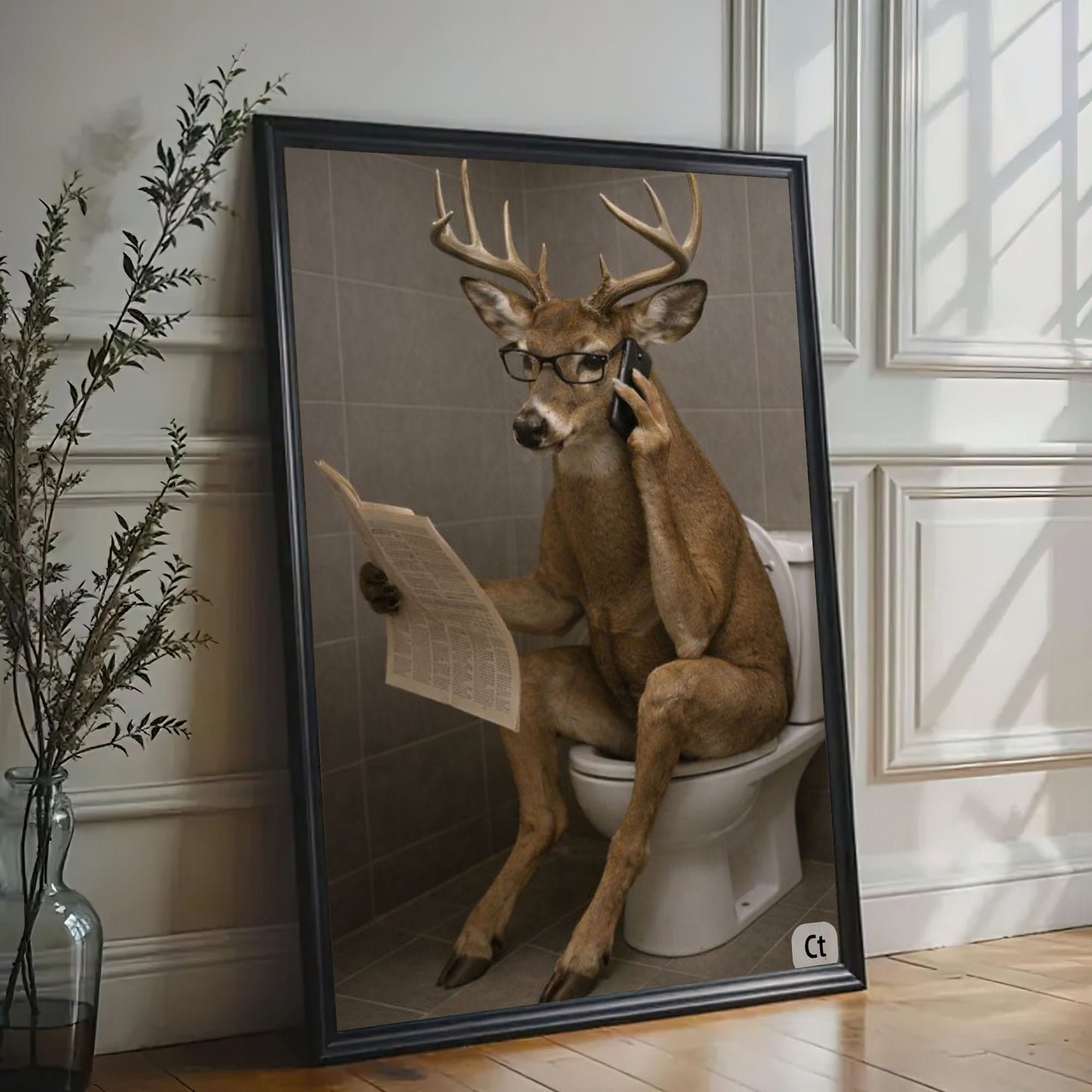 Bathroom Humor Canvas Print Buck on Toilet Taking a Call Wall Decor