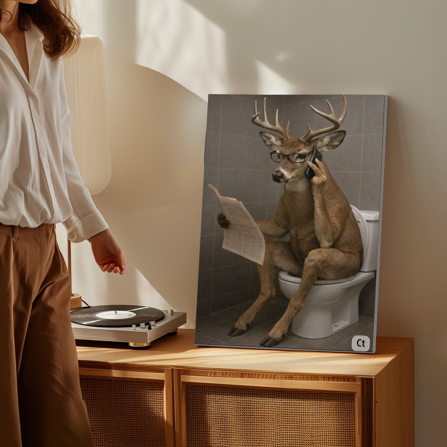 Bathroom Humor Canvas Print Buck on Toilet Taking a Call Wall Decor